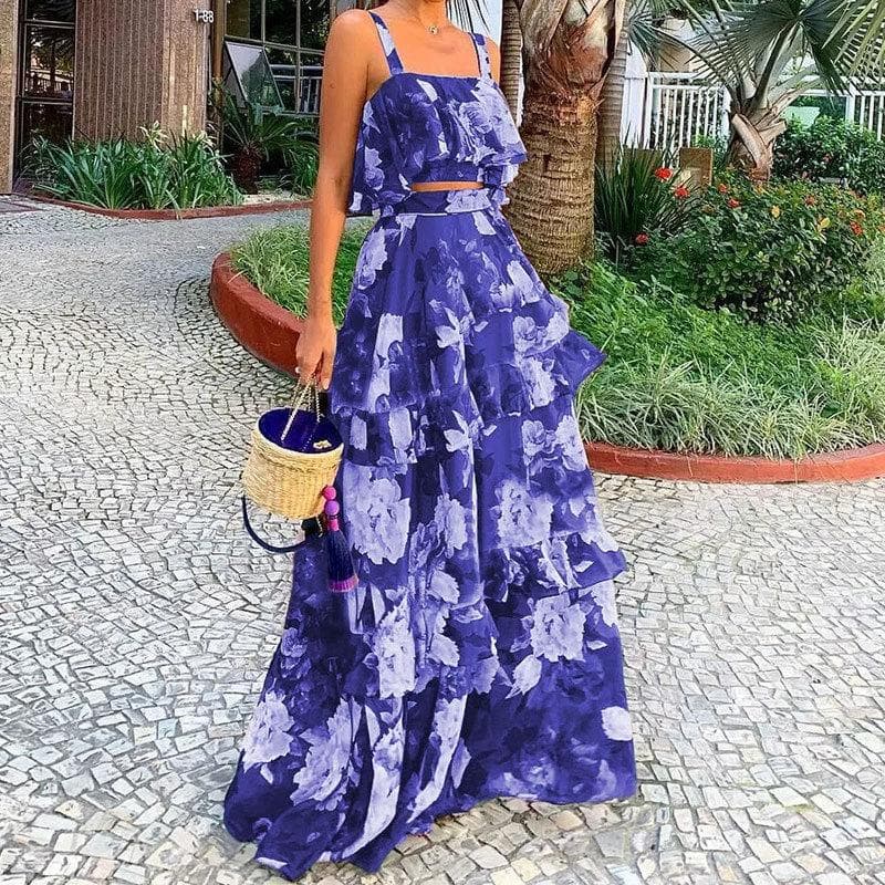 New Women's Beachside Vacation Style Printed Two-piece Set Suspender Top Cake Skirt Long Skirt Set L