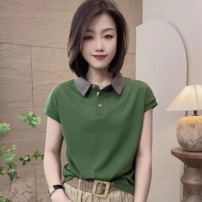 Summer Clothes for Women Mothers Wear POLO Shirt Covering Belly Top Fashionable Solid Color Slim Casual Lapel Loose T-shirt for Women 5XL green
