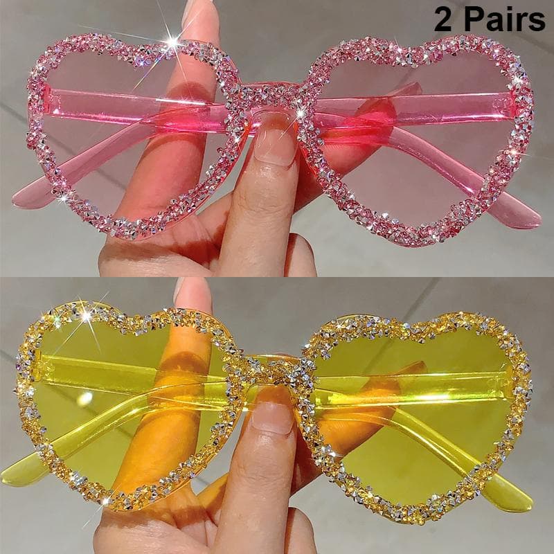 1 Pair Heart Shaped Sunglasses with Rhinestones Women Fashion Cute Beach Vacation Shades Trendy Design Casual Sun Glasses as picture shows