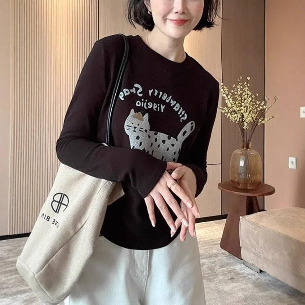 Double-sided Polished Cartoon Cat Print Long-sleeved T-shirt Women's Autumn and Winter Inner Matching Versatile and Thin Bottoming Shirt Top XL black