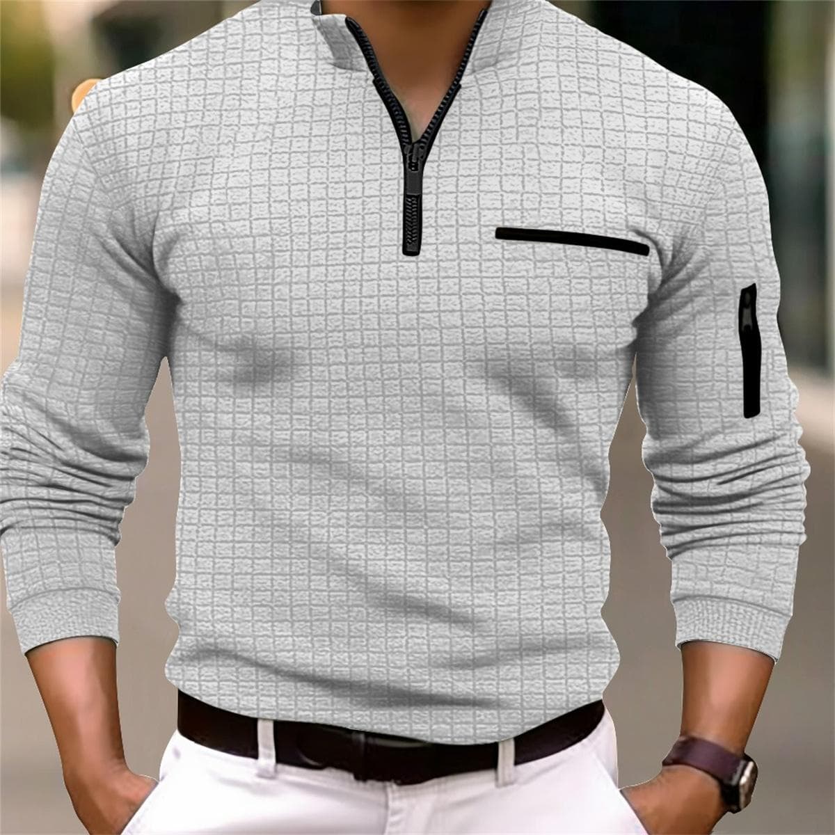Men's Spring and Autumn Fashion Casual T-shirt Men's Checkerboard Checked POLO Shirt Arm Zipper Sports Polo Shirt L grey