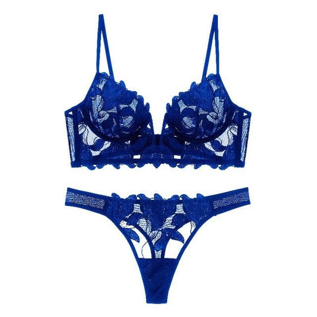 Sexy French Lace Embroidery Brassiere Lingerie Set Women's Underwear Set Push Up thin Bralette Deep V Bra and Panty Set S blue