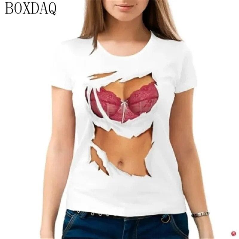 Women Summer Cool T-Shirts Sexy Perspective 3D boobs Print Short Sleeve Ladies T Shirt Summer O-Neck Breast Pattern Street Tops 5XL
