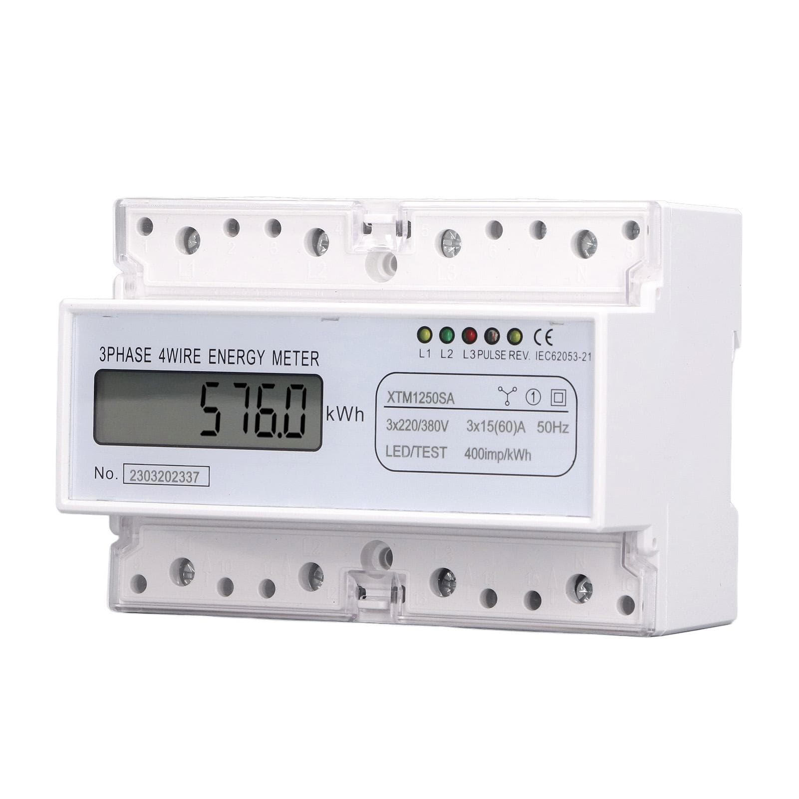 Energy Meter 3 Phase 4 Wire 7P Digital LCD Kwh Wattmeter Power Consumption 35mm DIN Rail Mount