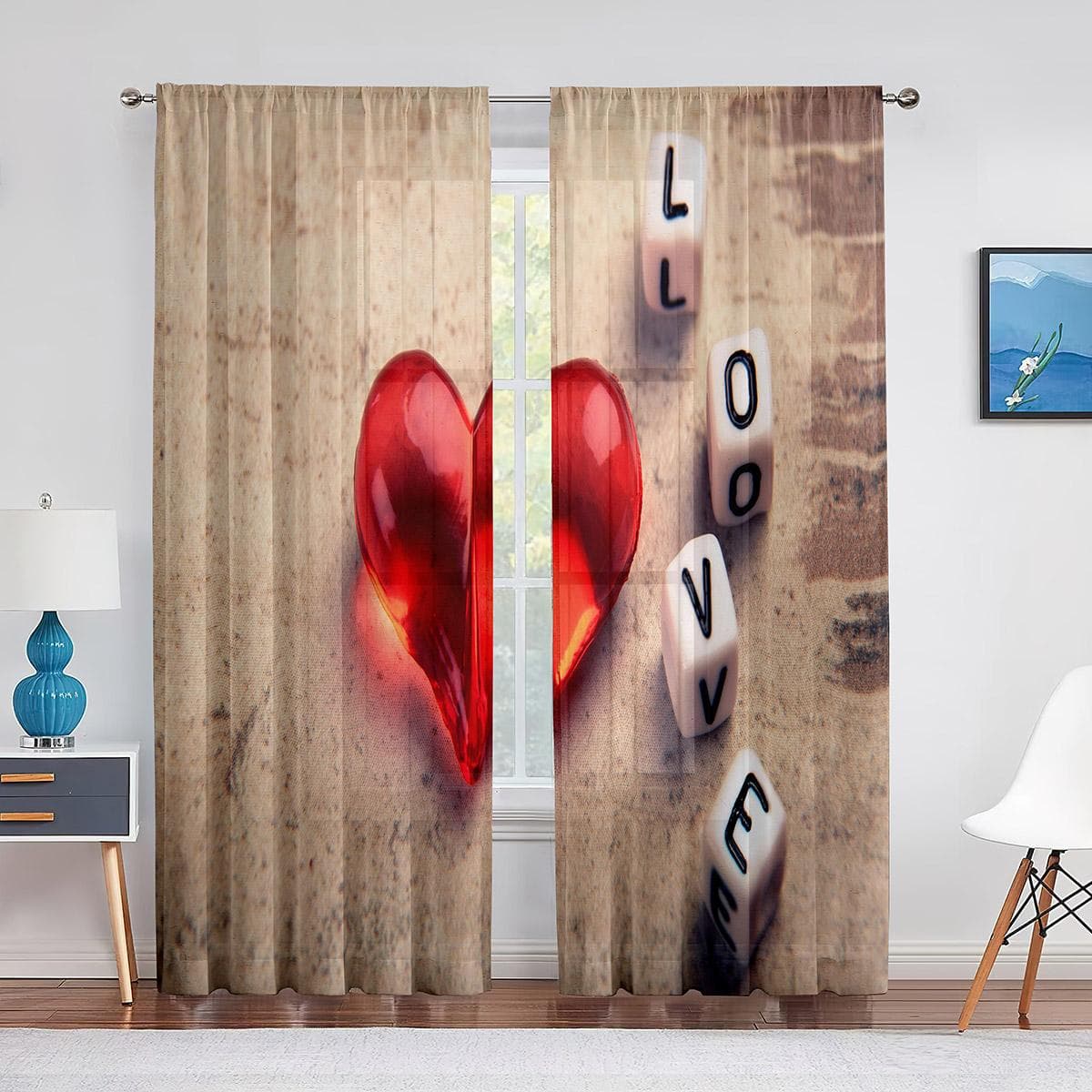 Romantic Roses Flower I Love You Quotes Sheer Curtains for Living Room Kitchen Valentine's Day Bedroom Decor Tulle Voile Curtain 1 PCS W100XH250cm&Grommet Top