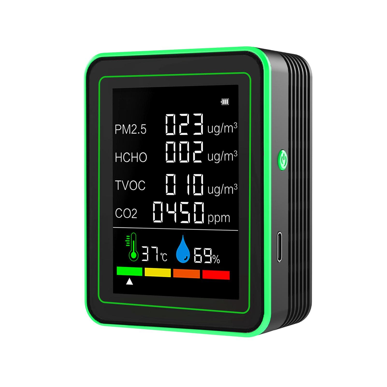 6 In 1 Air Quality Monitor Portable Temperature Humidity PM2.5 HCHO TVOC CO2 Detector Accurate black