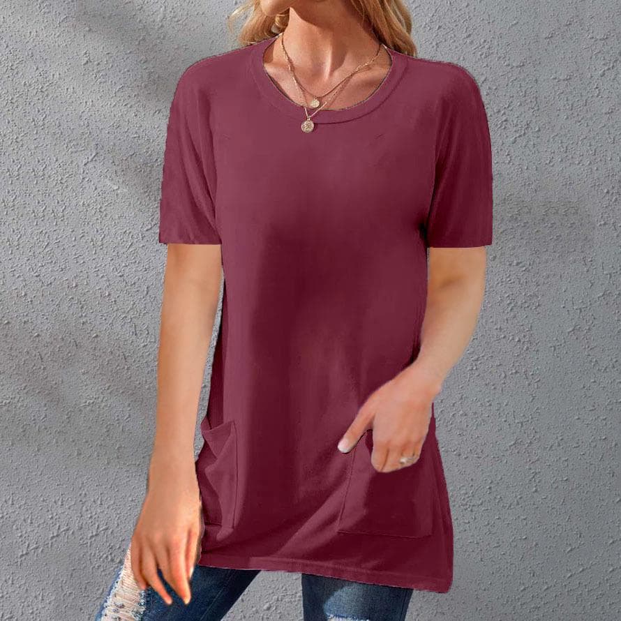 Summer Women's T-shirt Solid Color Tops Short Sleeve Loose Crew Neck Pocket T-shirt L red