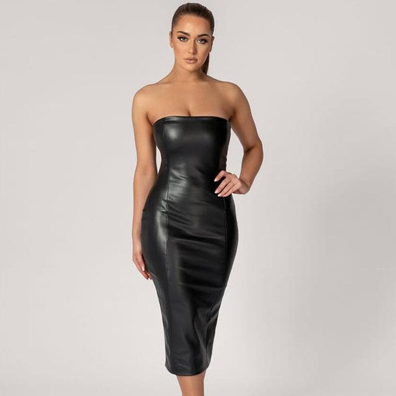New Summer Sexy One-length Neck Slim Slim Hip Skirt Slit PU Women's Dress for Women L black