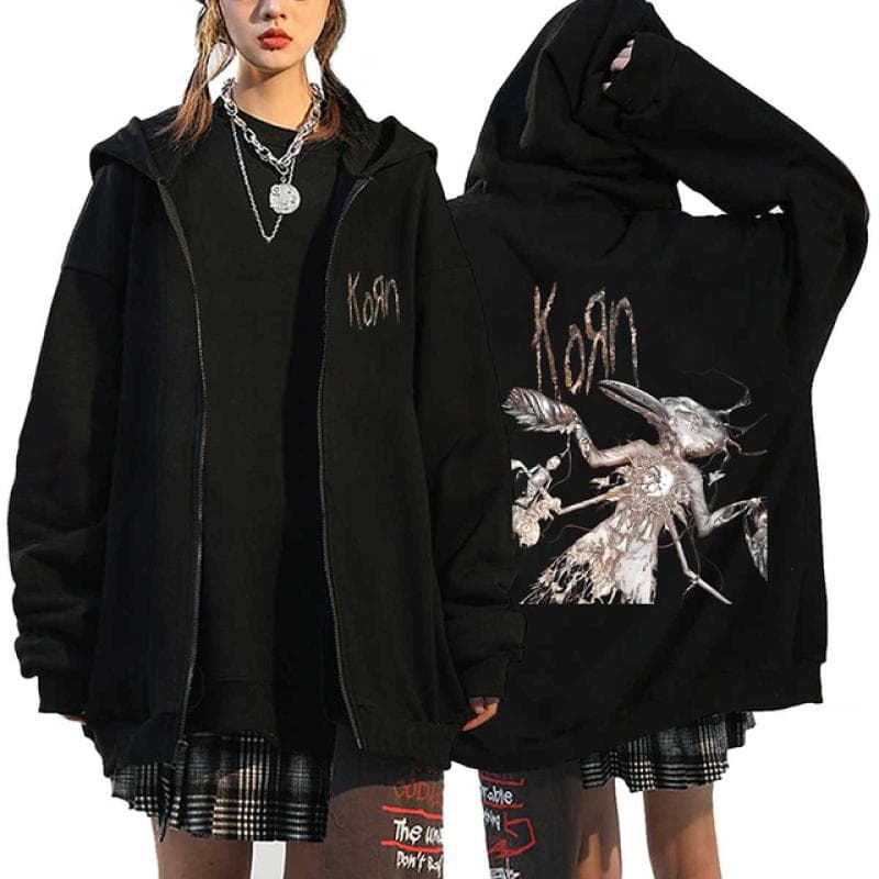 Korn Rock Band Print Zipper Hoodies Metal Music Men's Zip Up Jackets Hip Hop Streetwear Sweatshirts Unisex Y2K Cardigan Coats 3XL