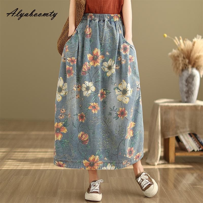 Mori Girl Spring Autumn Women Midi Denim Skirt Elastic Waist Floral Print Vintage Skirt Retro Elegant Ladies's Skirt With Pockets XL