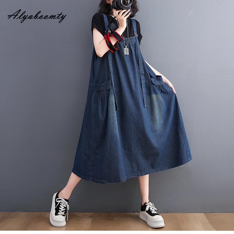 Korean Style Summer Women Denim Sundress Suspenders Casual Loose Oversized Baggy Sleeveless Dress Vintage Stylish Midi Dress With Pockets M