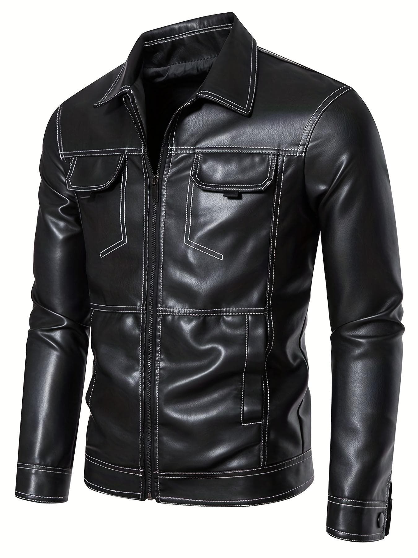 Men's Stylish Retro Motorcycle PU Leather Zip Up Jacket with Topstitch Lapel - Perfect for Any Occasion! XXXXL black