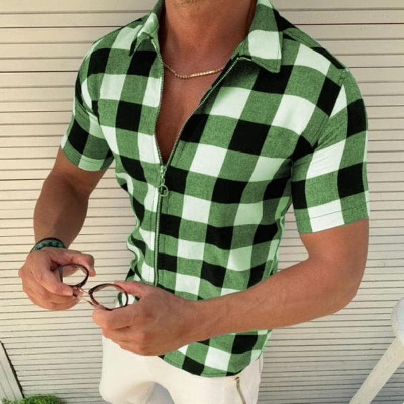 Men's Summer Fashion Short-sleeved Plaid Printed Shirt with Zipper Lapel Business Casual Shirt Top L green