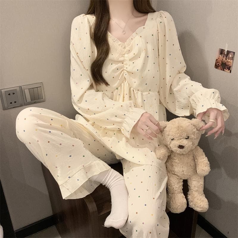 Ins Style Casual Dot Print Women's Pajamas Set Aesthetic French Sweet Homewear Nightwear Autumn Raglan Sleeve Design Sleepwear M