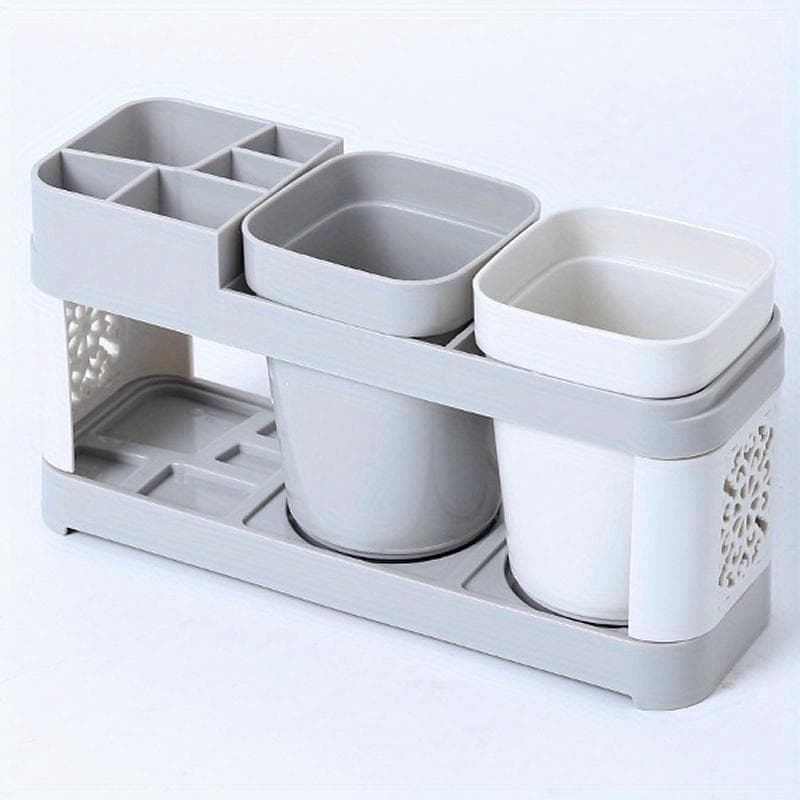 Toothbrush Holder Toothpaste Holder Stand Wash Cup Set, Mouthwash Cup Holder, Toothbrush Storage Rack, Hollow Design Drain, Bathroom Wash Cup Shelf Double cup set grey/white
