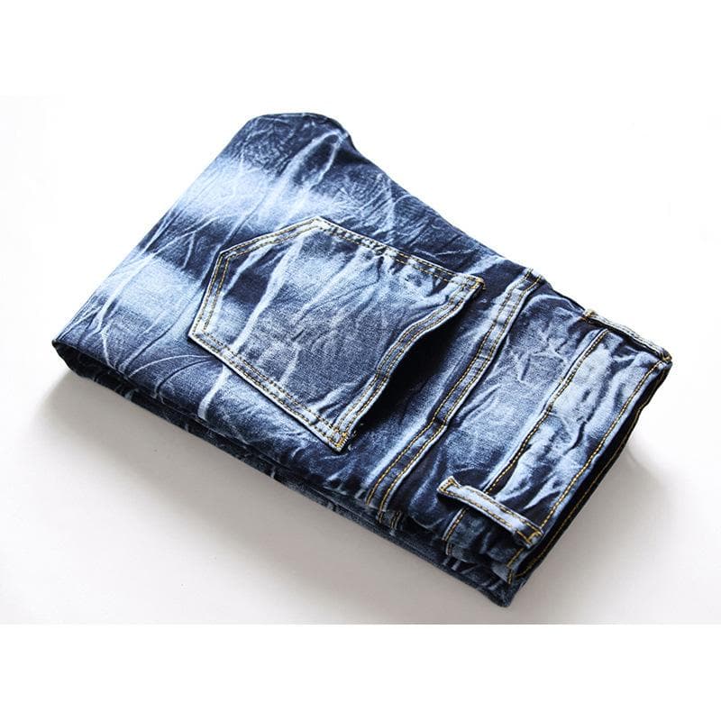 Jeans Men's Elastic Slim Jeans Straight Pleated Motorcycle Jeans White Pants Men Trousers 32 ultramarine blue