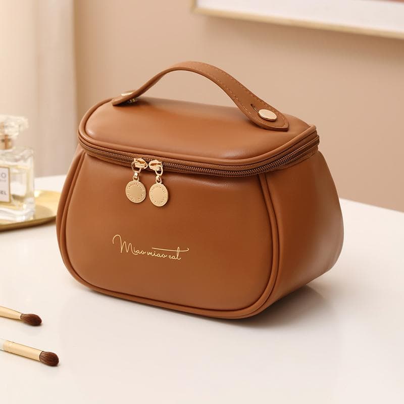 New PU Leather Cosmetic Bag For Women Multi-Functional Portable Travel Storage Makeup Case Female Toiletry Kit Bag 21x14x14cm brown