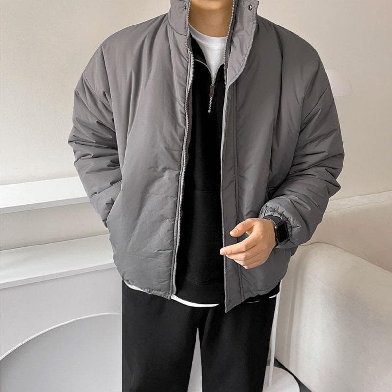 Stand Collar Cotton Coat Men's Winter Thickened Cotton Coat Korean Style Loose Casual Solid Color Warm Cotton Jacket 2XL