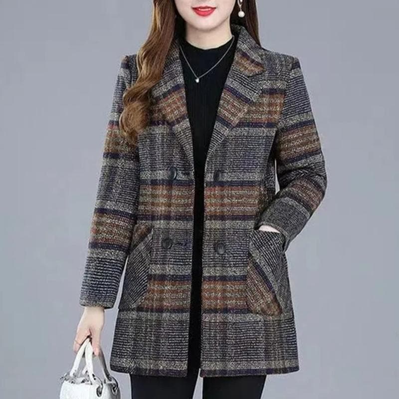 HI-FASHION Suit Plaid Woolen Jacket Autumn Winter Thicken Slim Long-sleeved Outwear Plus size 5xl Women's All-match Coat 4XL gray