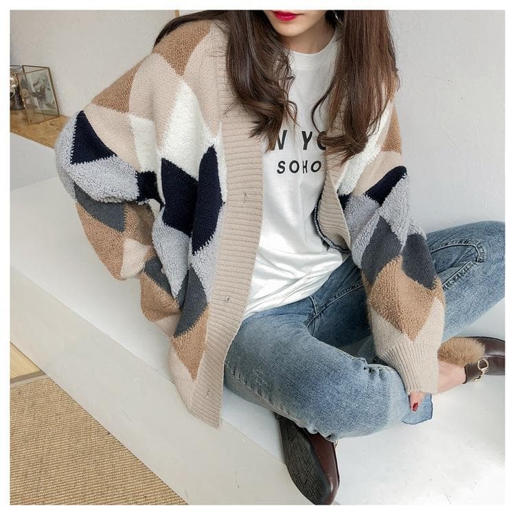 Plaid Chic Cardigans Button Puff Sleeve Checkered Oversized Women's Sweaters Winter Spring Sweater Tops One Size khaki