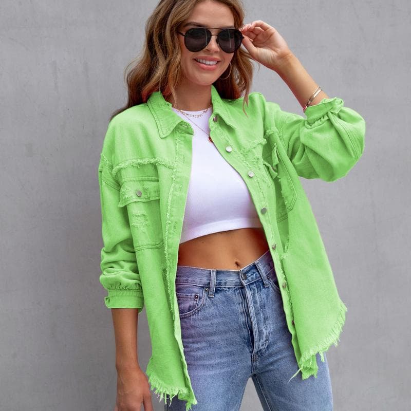 Women's Fashion Ripped Denim Women's Spring and Autumn Long-sleeved Casual Lapel Top Jacket M light green