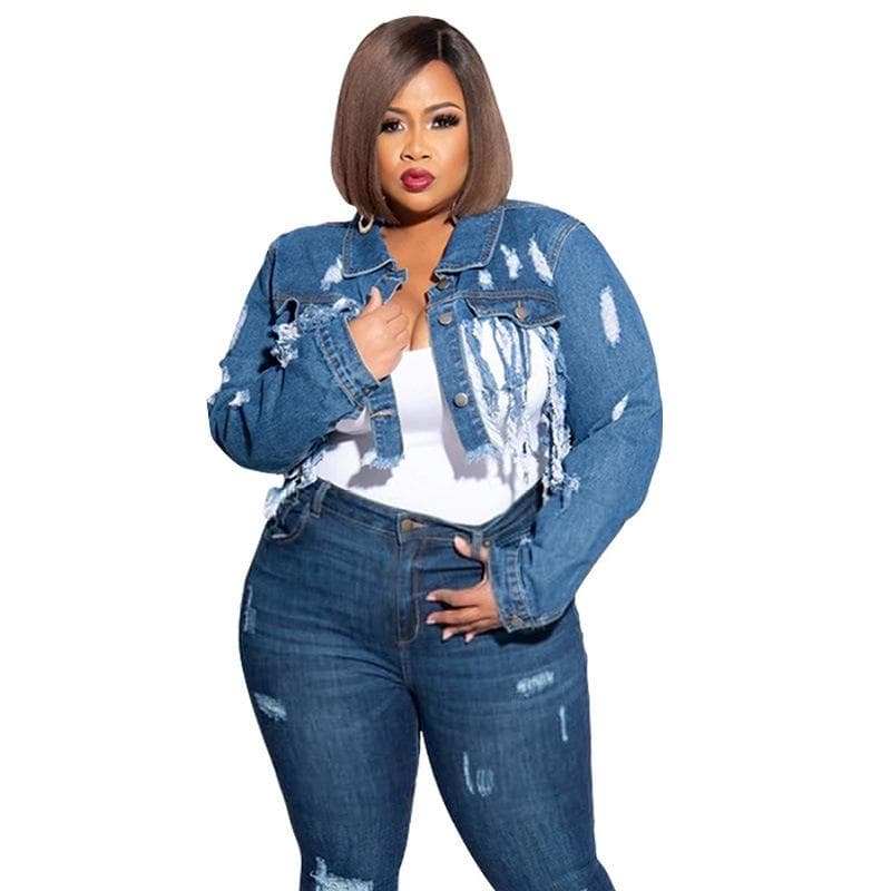 New Ripped Washed Tassel Backless Belly Button Sexy Short Denim Jacket 5XL