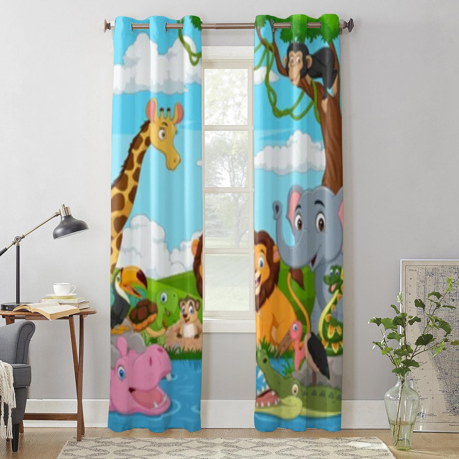 Cartoon African Landscape With Wild Animal Window Curtains For Living Room Kitchen Modern Curtains Home Decor Blinds Drapes 135W x 60H(cm) x1