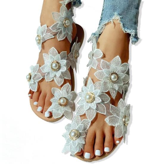 Women Fashion Lace Flowers Faux Pearls Inlaid Shoes Summer Clip Toe Flat Sandal 40 white