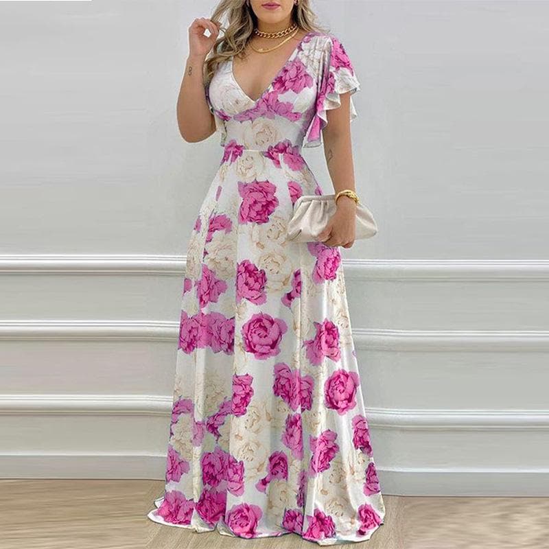 Spring New Women's Clothing Sexy V-neck Waist-hugging Printed Big Sway Dress 3XL