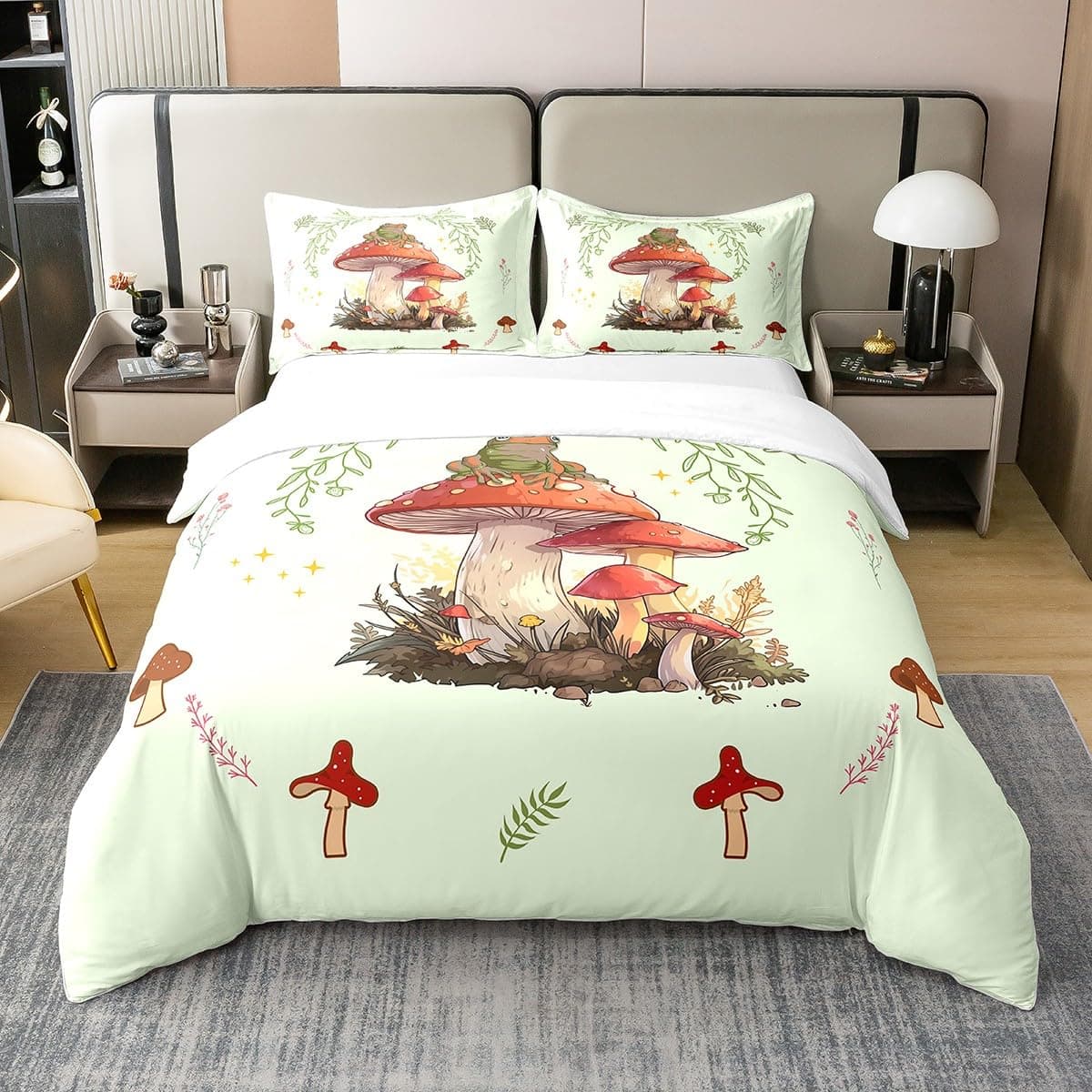 Red Mushroom Kawaii Comforter Set Twin Size Kids Bedding Set Botanical Plant Theme Print Quilt Bed Set for Boys Girls Adults EU single(135x200cm)