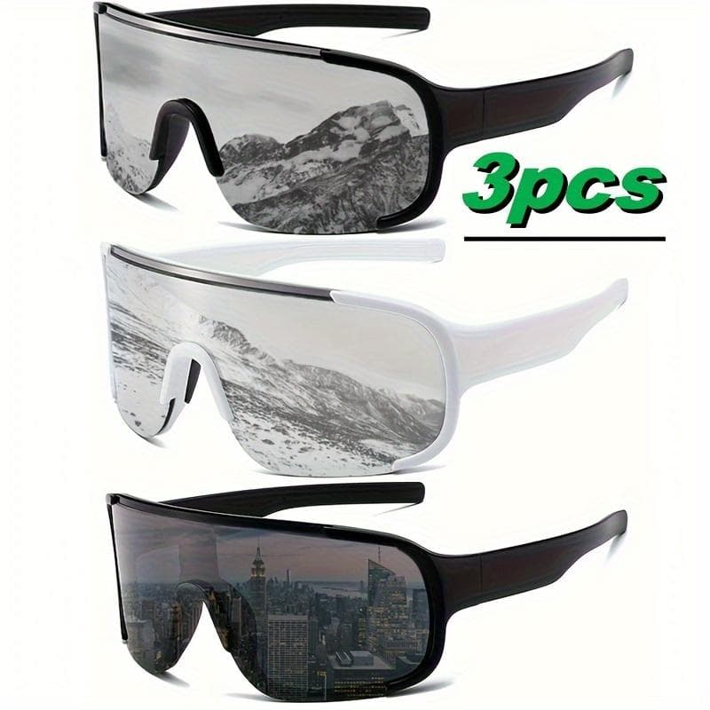 3PCS Y2K Sports Fashion Glasses White Water Silver Lenses Mirror Large Frame Windproof UV Protection