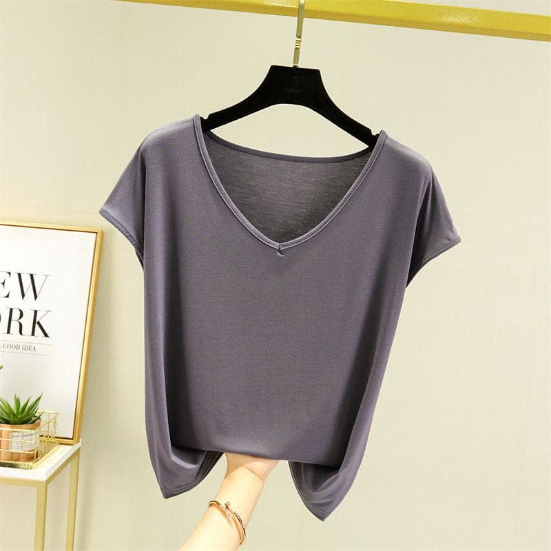 Women Summer Solid V Neck Basic T Shirt Modal Loose Tee Tops Casual Undershirt L dark grey