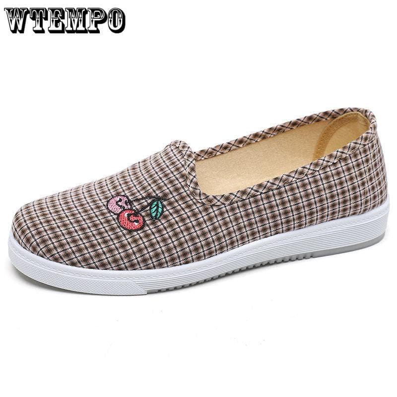 Flat Casual Shoes Ladies Plaid pattern Breathable Sneakers Women Breathable Light Slip on Loafers Shoes Women Zapatillas Mujer 41 coffee