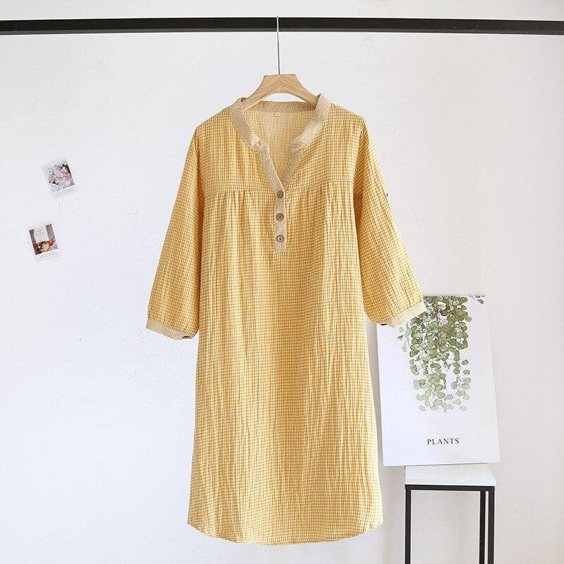 Spring and autumn new women's long skirt 100%cotton gauze plaid nightdress long-sleeved home skirt simple V-neck skirt nightgown M yellow
