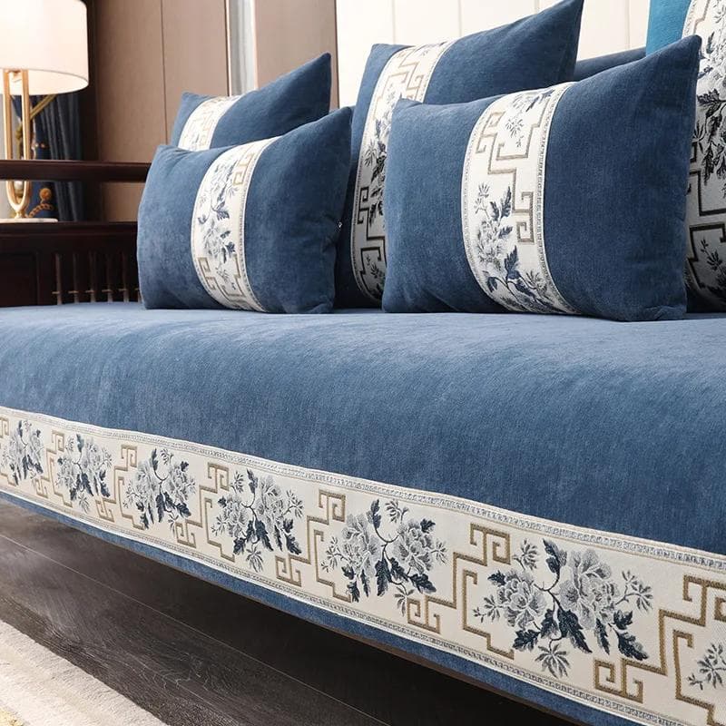 Retro Chinese Style Sofa Cover Chenille Anti-slip Couch Cushion for Living Room Sofa Towel Universal Slipcover Embroidery Ribbon 70x70cm 1pcs