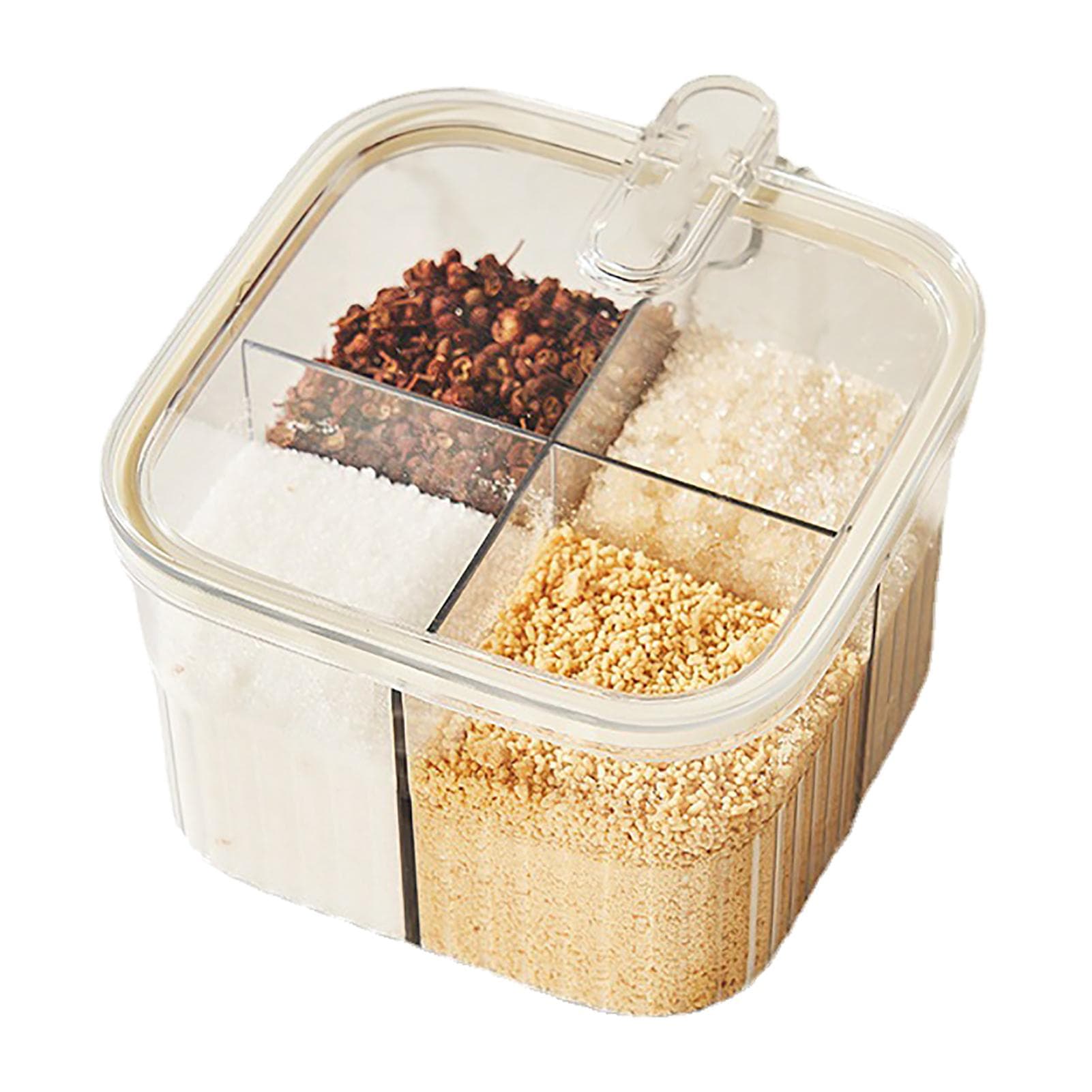 4 Grid Clear Seasoning Box Kitchen Spice Pot Condiments Storage Container with Cover and Spoon transparent white