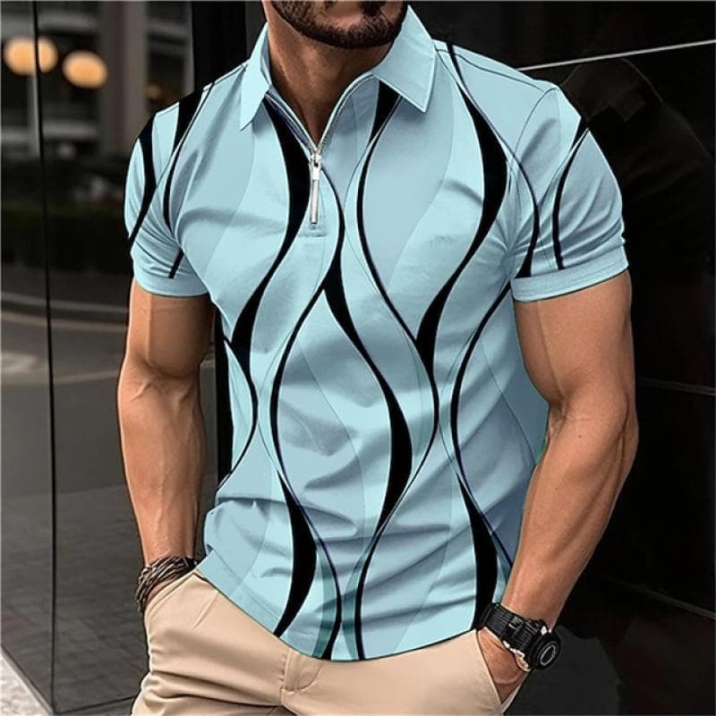 Classic Pattern Printed Fashionable Polo Shirt,2023 Summer New Men's Polo Shirt with Lapel Zip. M blue