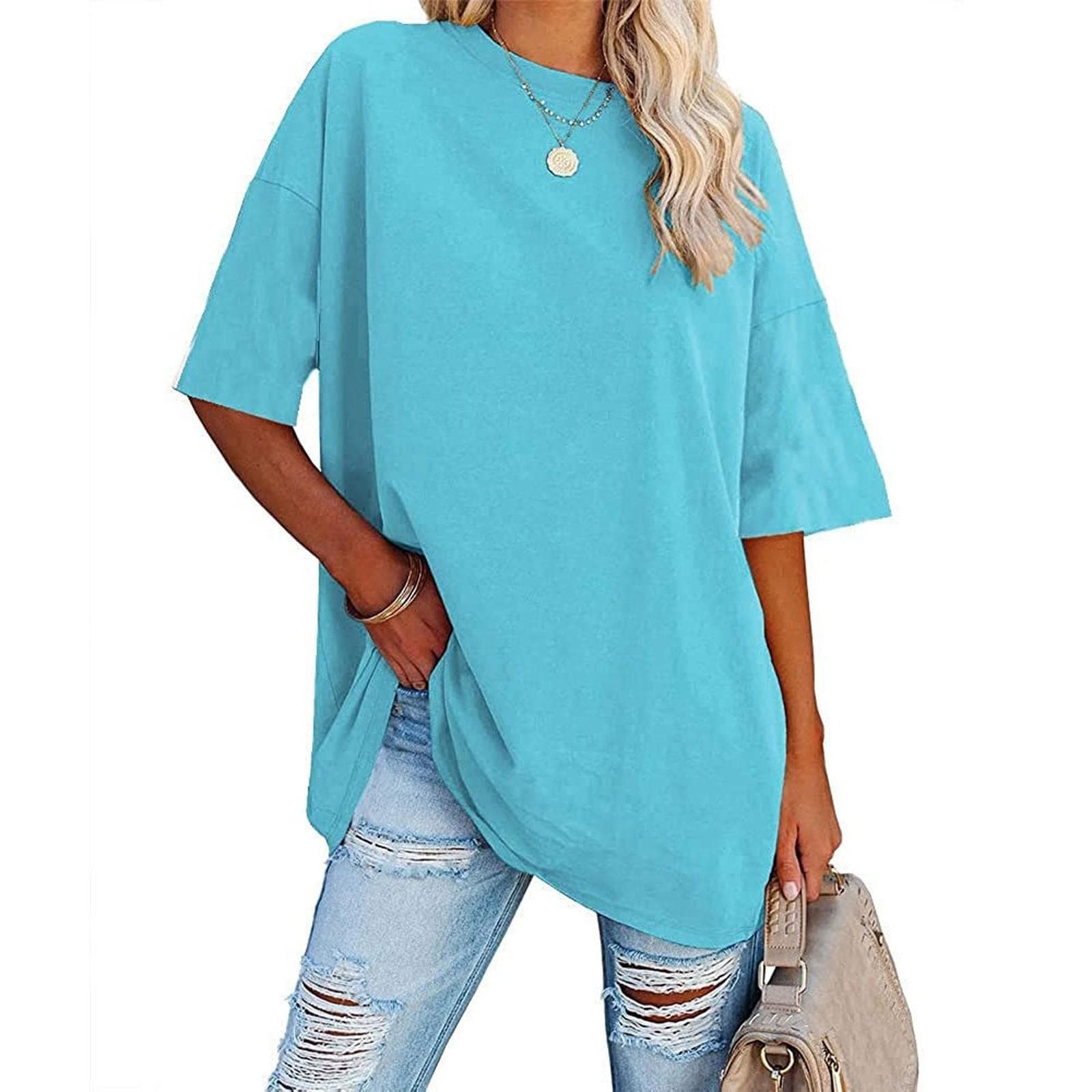 Women's Plus Size T Shirts Oversized Tees Summer Short Sleeve Loose Tunic Tops L sky blue