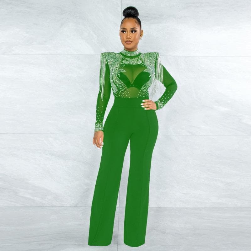 Women's Fashion Sexy Casual Slim High Neck See-through Hot Diamond Tassel Models Jumpsuit Women S green