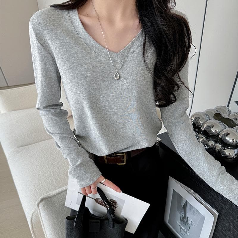 White V-neck Long-sleeved T-shirt for Women In Spring and Summer New Loose Slim Base Shirt Underneath Korean Top XL grey