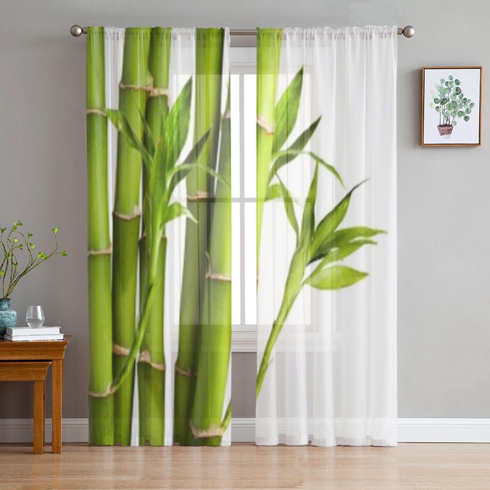 Bamboo White Tulle Sheer Curtains for Living Room Decoration Curtain for the Room Bedroom Kitchen Voile Organza Curtains 135W x 114H(cm)