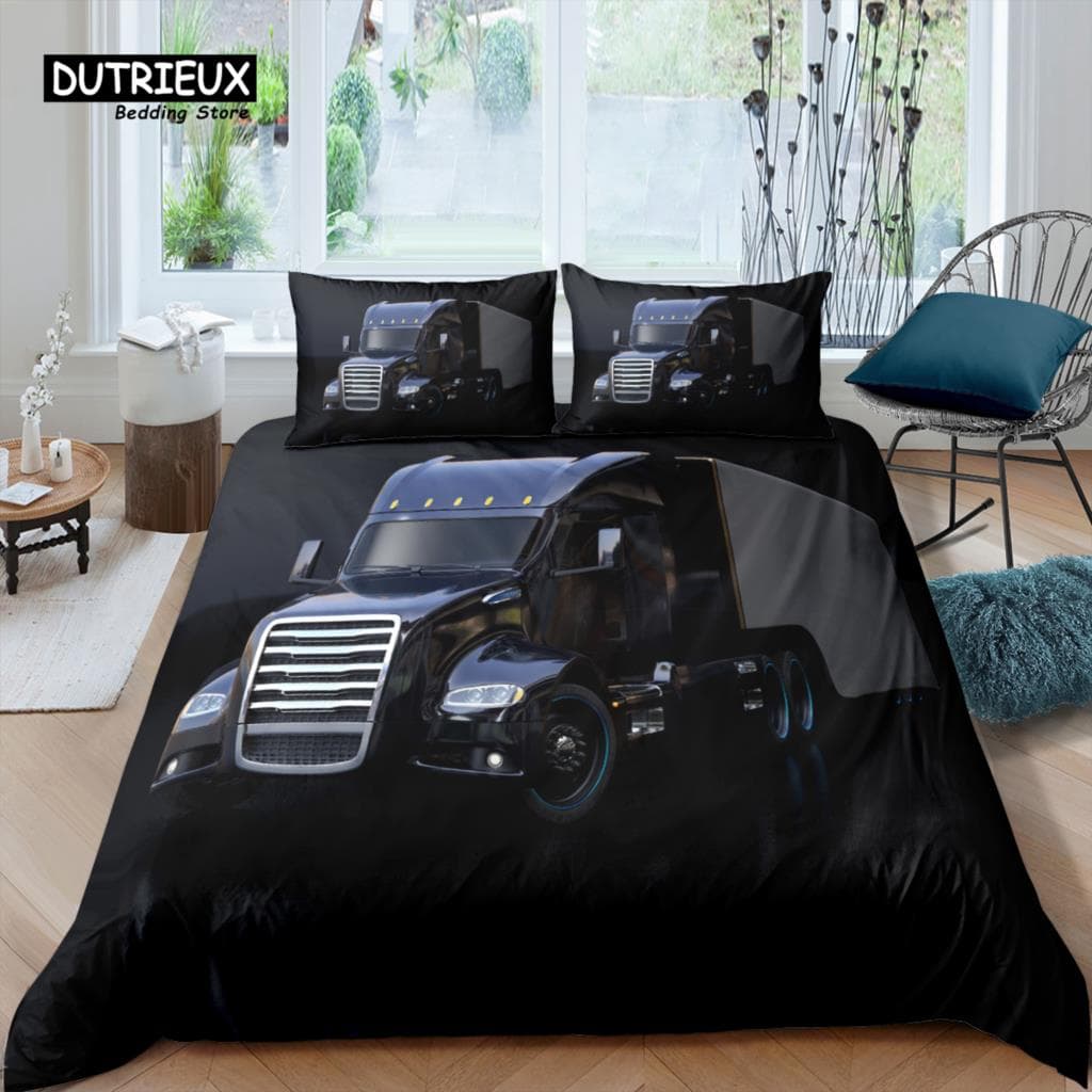 Home Living Luxury 3D Truck Bedding Set Red Lorry Duvet Cover Pillowcase Queen and King EU/US/AU/UK Size Comforter Bedding US Full(200x230cm)