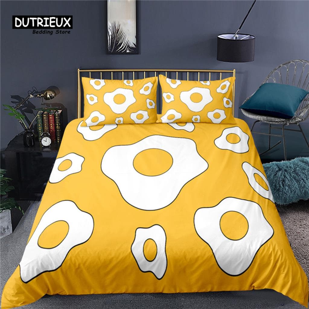 Luxury 3D Fried Egg Print Home Living Comfortable Duvet Cover Pillowcase Kid Bedding Set Queen and King EU/US/AU/UK Size EU single(135x200cm)