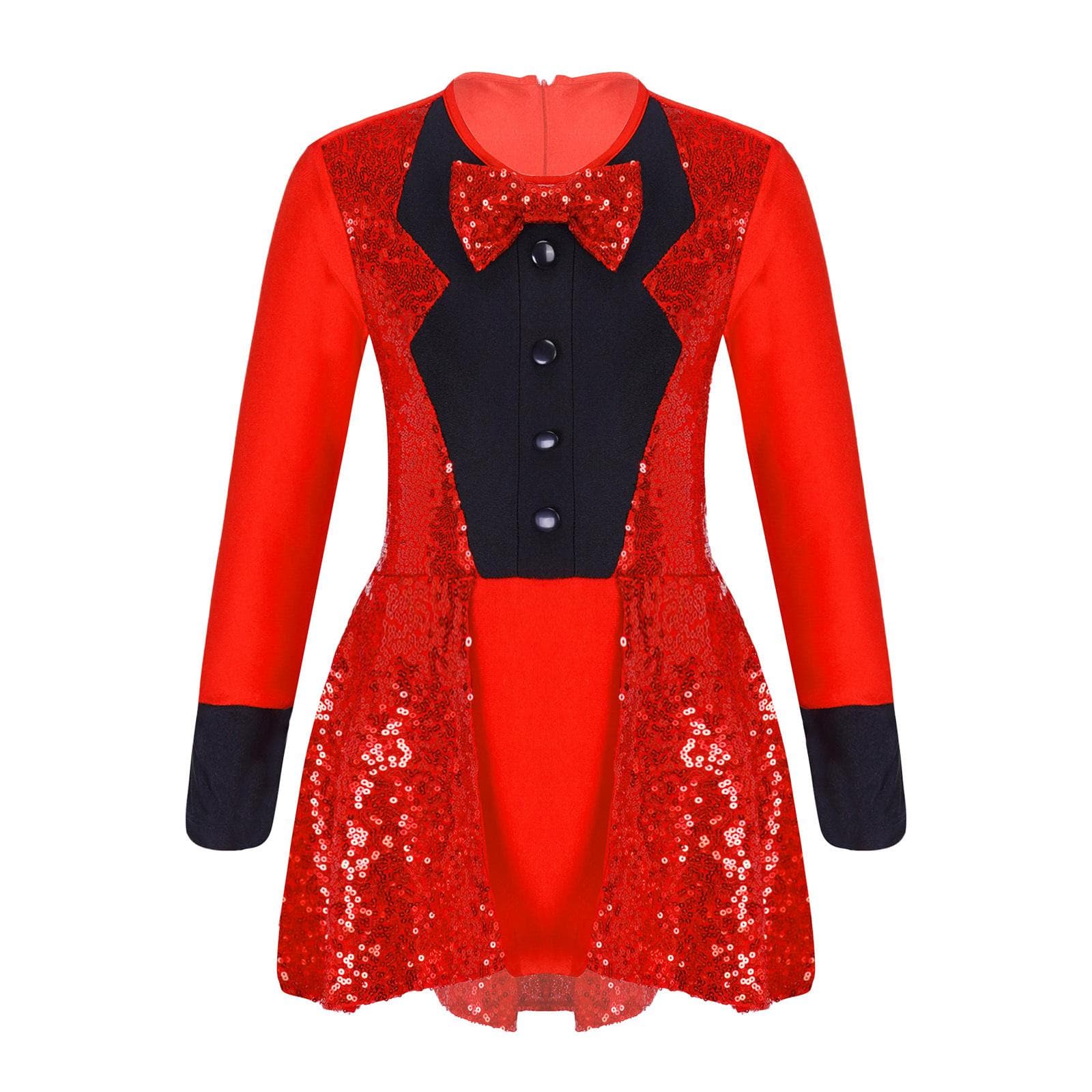 Girls Round Neck Long Sleeve Dance Leotard Sequined Bow Tie Costume for Cosplay Performances 11-12 Years red