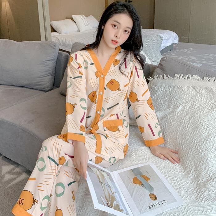 Women's Pajamas Set Cotton Button New Korean Cute Print Pijamas Set for Women Femme Nightwear Loungewear Autumn Sleepwear M