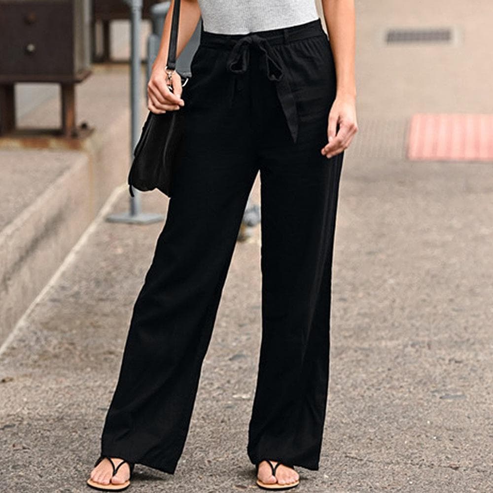 Women Solid Linen Pants Lace Up Elastic Waist Loose Wide Leg Trousers Summer Casual Long Pants Plus Size S-5XL M black