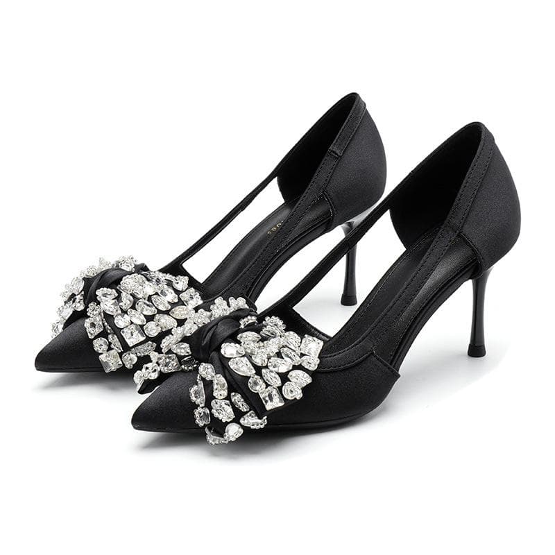 Girls' Style Pointed Toe Hollow High-heeled Shoes Korean Version of Rhinestone Bow Single Shoes Women Shallow Mouth Stiletto Sandals Women 39