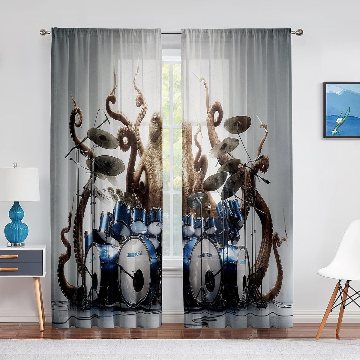 Ocean Kraken Blue Octopus Tentacles Marine Life Tulle Curtains for Living Room Bedroom Sheer Voile Window Curtains Party Drapes 1 PCS W200XH250cm&Rod Pocket