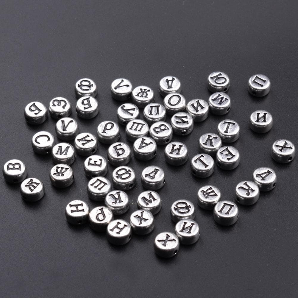 100pcs Russian Letters Alphabet Round Acrylic Beads 4*7mm DIY Jewelry Accessories (Silver) silver