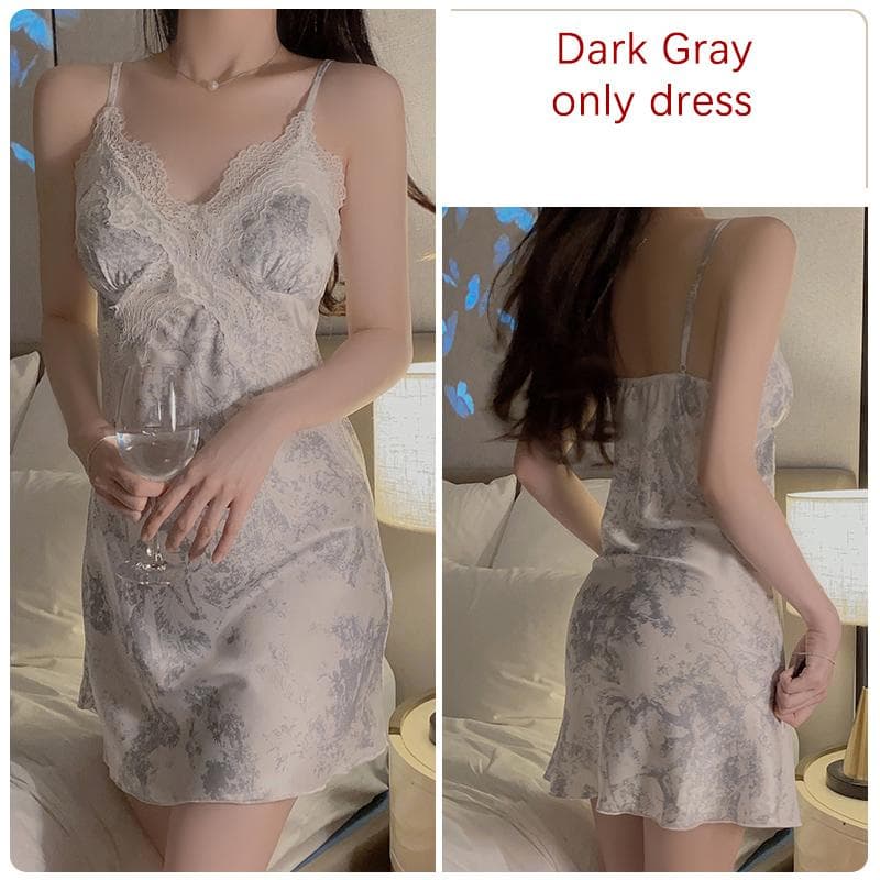 Sexy Women's Nightgown Smoke Gray Women's Nightgown with Breast Pad Lace Design Women's Robe Nightgown Set XL